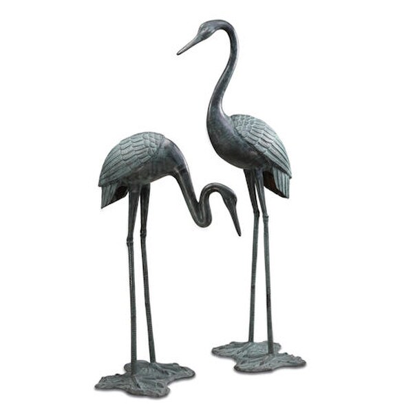 Garden Crane Pair Large Brass Sculptures Heron Emerald patina elegant